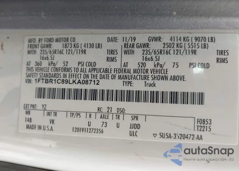 2020 Ford Transit-250 z USA, uszkodzony, nr VIN 1FTBR1C89LKA08712